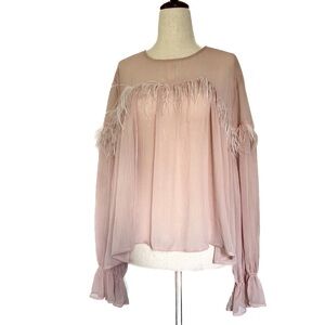 Zara | Sheer Feather Trim Pink Blouse